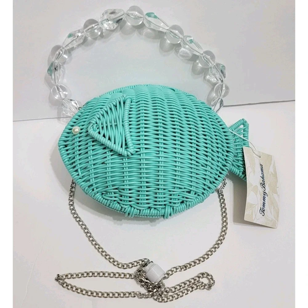 Tommy Bahama Wicker Teal Fish Convertible Crossbody Chain Strap Coastal Sealife - Picture 1 of 9
